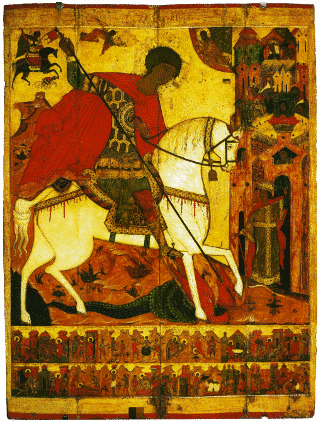 Икона «Чудо Георгия о змие, с житием» конца XVI - начала XVII века из церкви Георгия «на площадке» в Костроме